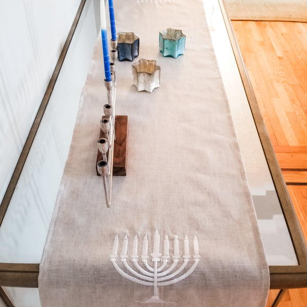 Embroidered Hanukkah Linen Runner, Hanukkah Decorations - Peace Love Light Shop