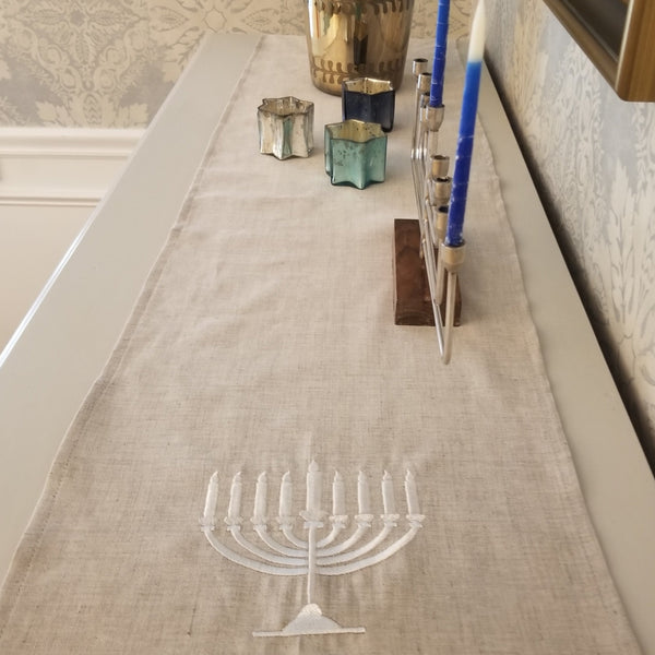 Embroidered Hanukkah Linen Runner, Hanukkah Decorations - Peace Love Light Shop