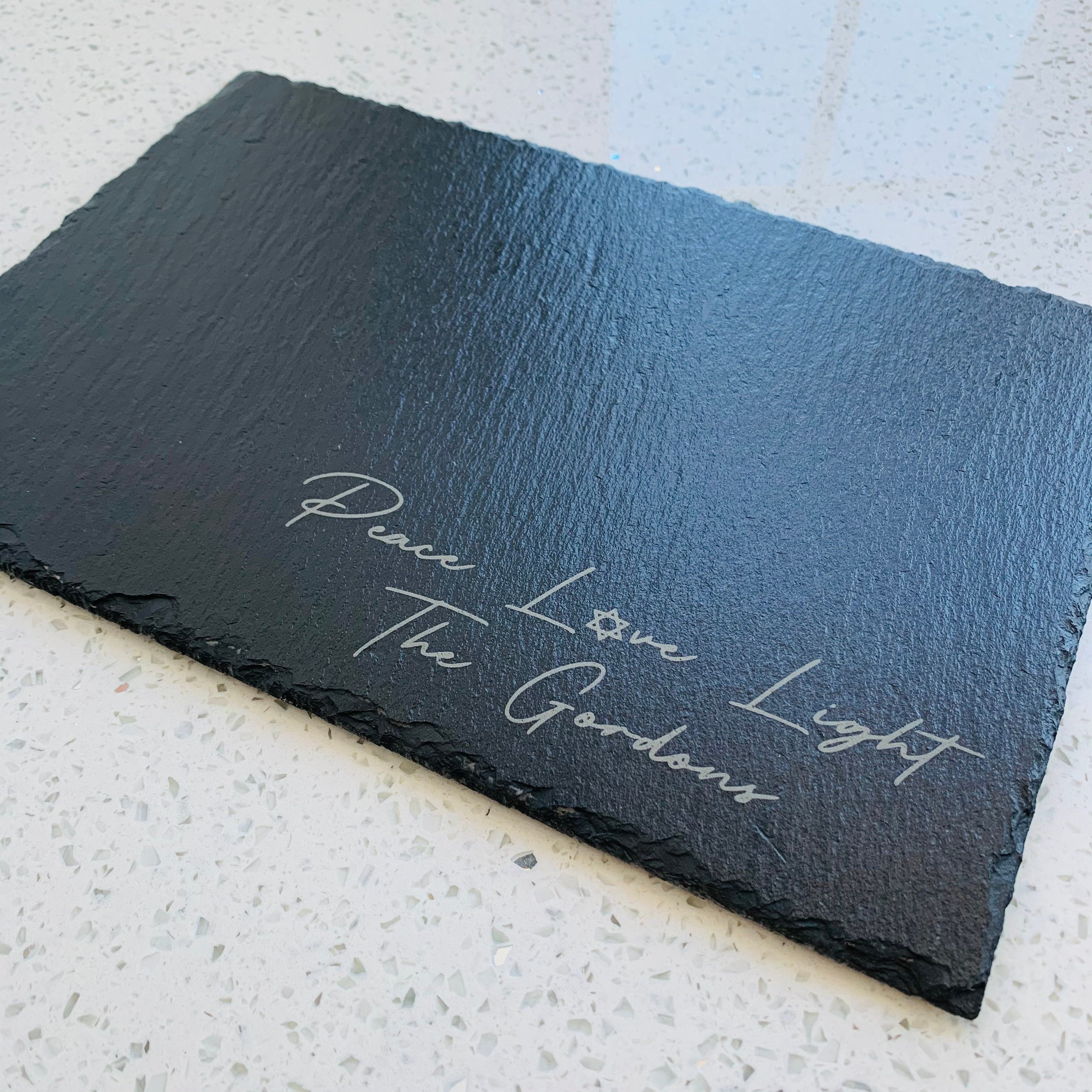 Personalized engraved slate Hanukkah menorah, Shabbat candle drip tray