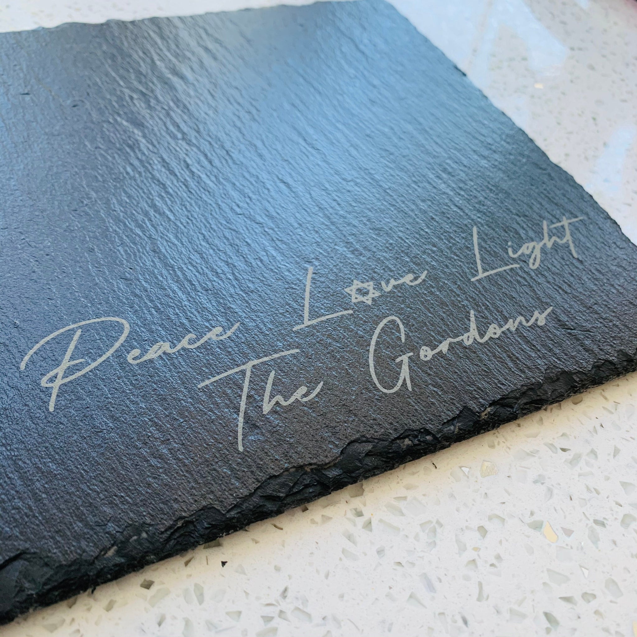 Personalized engraved slate Hanukkah menorah, Shabbat candle drip tray