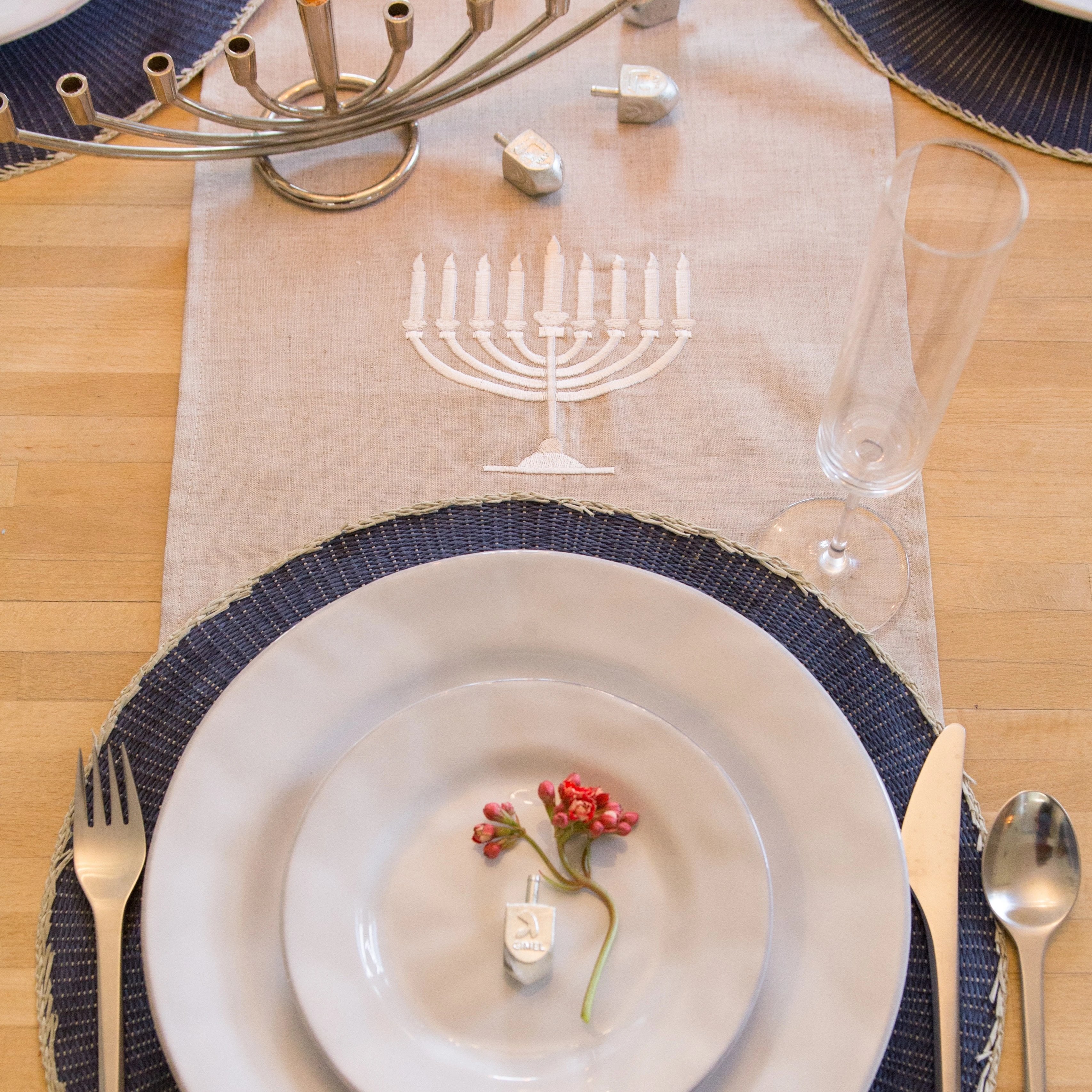 Embroidered Hanukkah Linen Runner, Hanukkah Decorations - Peace Love Light Shop