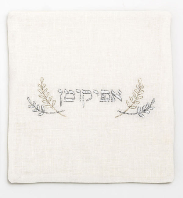 Passover Afikoman Bag - Ivory Linen, Silver Embroidered - Peace Love Light Shop