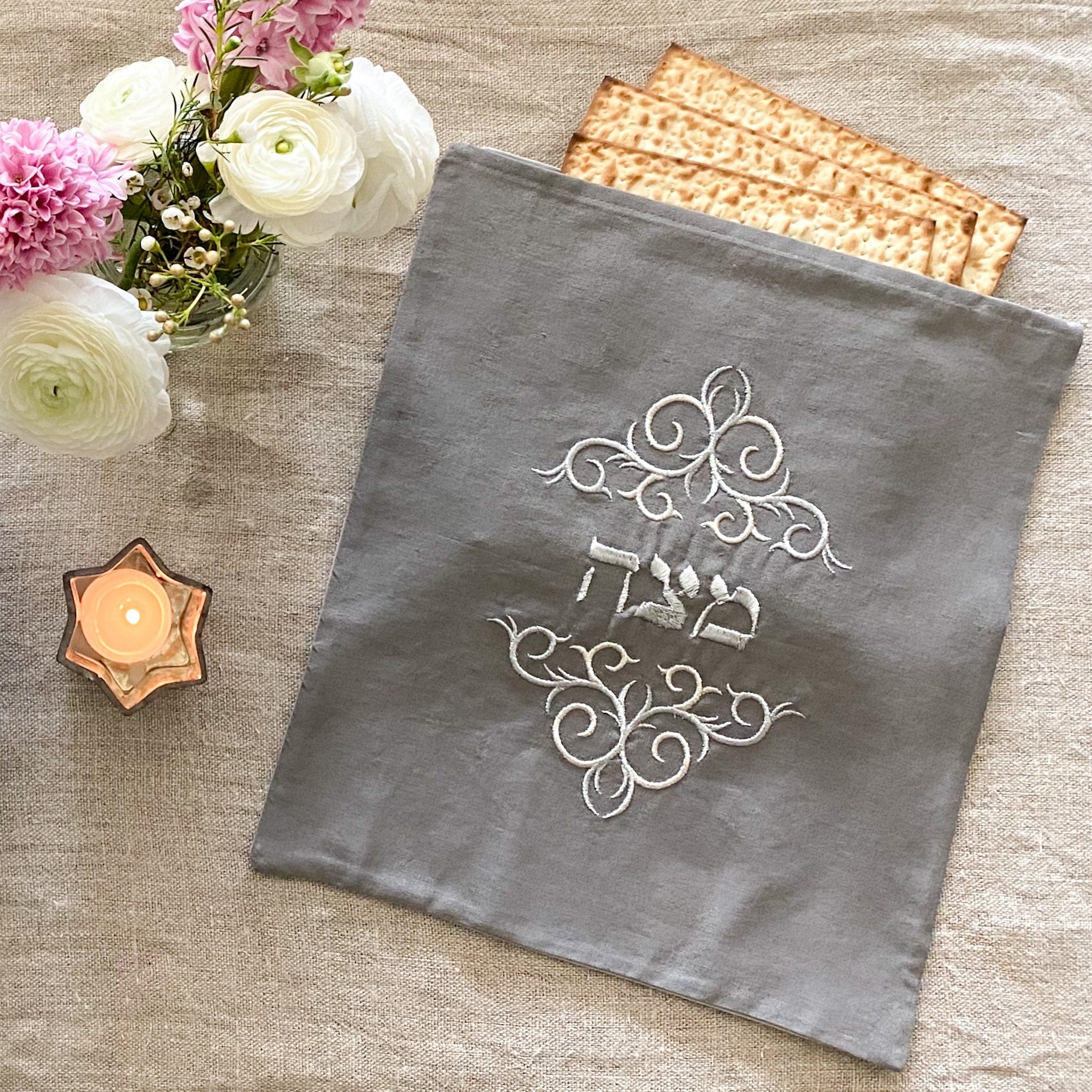 Matzah Cover- Pewter Linen, Silver Embroidered - Peace Love Light Shop